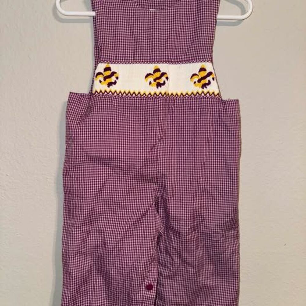 LSU 6m Smocked Fleur-de-Lis Purple Gingham Longall